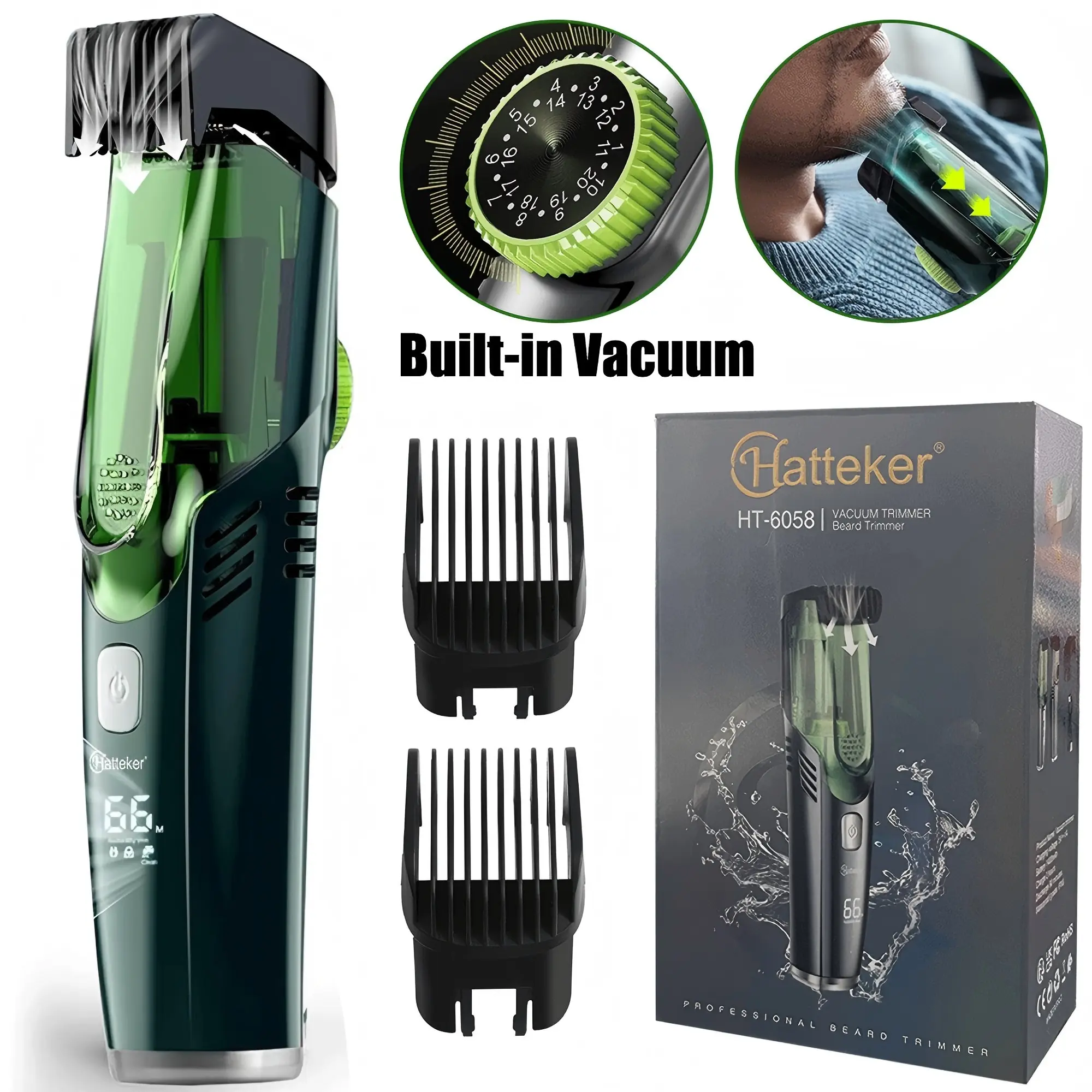 Hatterker Built-in Vacuum Trimmer , Rechargeable Mustache Trimmer, Electric Shaver for Beard, Mustache & Stubble, IPX6 Waterproof，High Precision Blades for Skin fit，Vacuum Trimmer