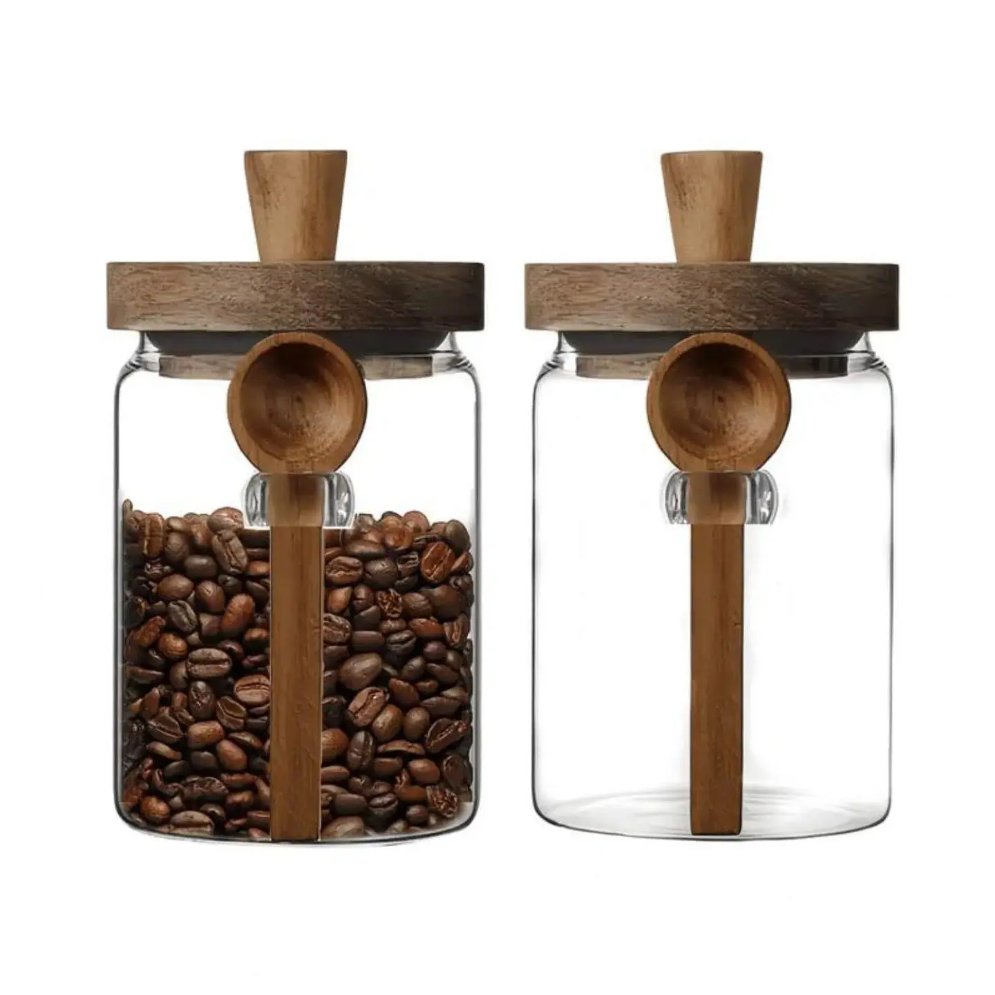 MIUVA Round Glass Food Storage Canister 20.3oz - Wooden Bamboo Lid with Handy Scoop, Kitchen Preserving Jar for Coffee, Spice, Silicone
