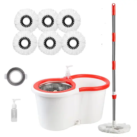 Spin Mop Bucket With Wringer Set, 6 Microfiber Mop Heads,1 Floor Scrub Brush And 61" Stainless Steel Adjustable Handle For Floor Cleaning White