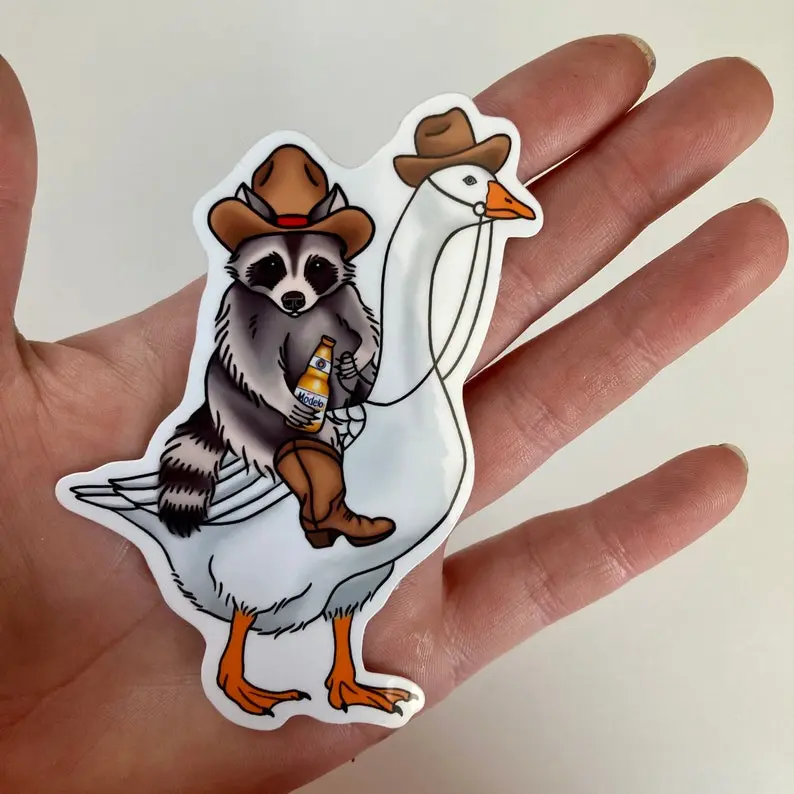 Cowboy Raccoon On A Goose With A Beer | Funny Raccoon sticker