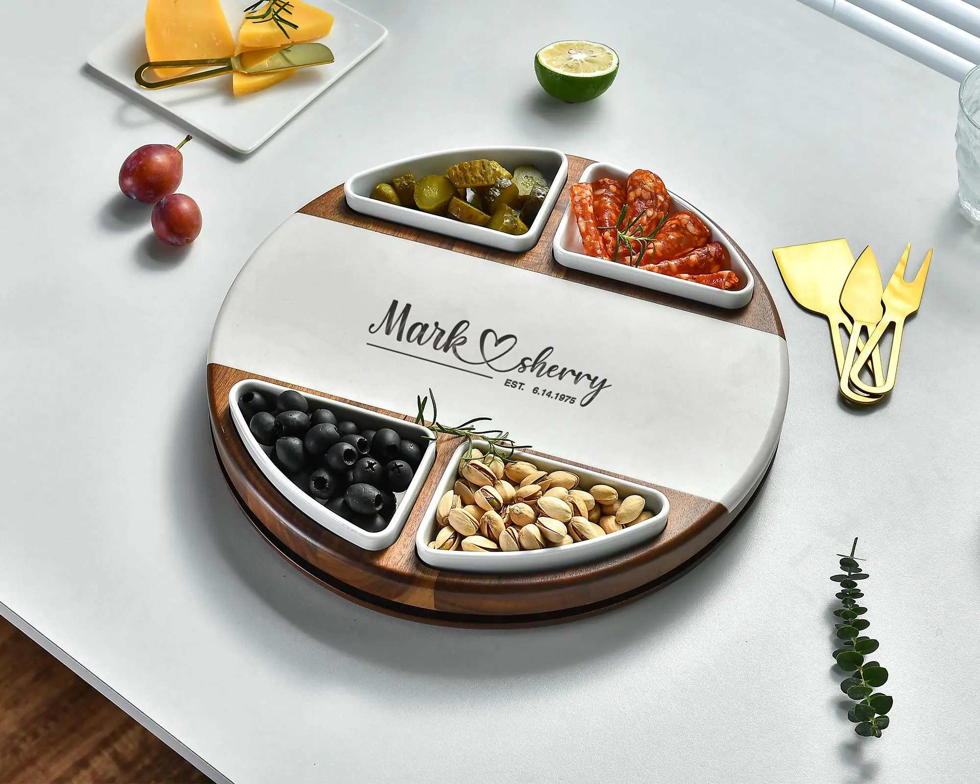 Custom Lazy Susan Turntable Personalized Round Cheese Board and Knife Sets with 4 Bowls, White Marble and Acacia Wood Gift Set for Table