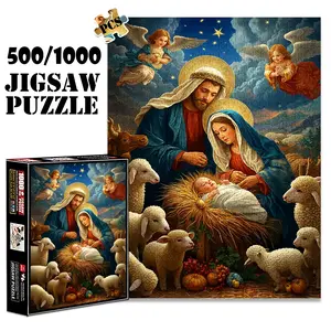 1pc 1000 piece adult puzzle 70x50cm Nativity Scene with Mary, Joseph, Baby Jesus, Angels and Sheep 500 pieces paper jigsaw puzzle suitable for DIY creative games for adults and families, birthday, Christian Themes