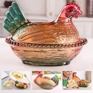 Hen on Nest Glass Dish with Lid, Mini Vintage Easter Decor Candy Dishes for Snacks Dessert Cookies, Colorful Chicken Shaped Cookie Jar Rooster Candy Bowl for Home Kitchen Office Tabletop Decoration