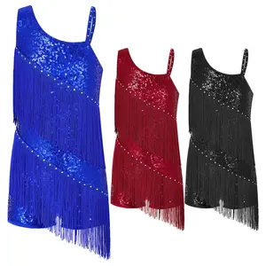 easyforever Kids Girls Sleeveless Sequins Tassel Fringe Ballet Dance Dress Latin Jazz Salsa Tango Samba Rumba Dance Costume