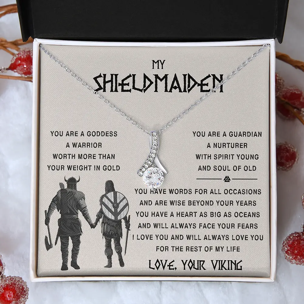 Beloved Shieldmaiden Viking Female Necklace with Gold-Plated Cubic Zirconia Gemstone Pendant, 18"-22" Chain Length Adjustable Chain, 0.6" Height Anniversary Birthday Gift for Her