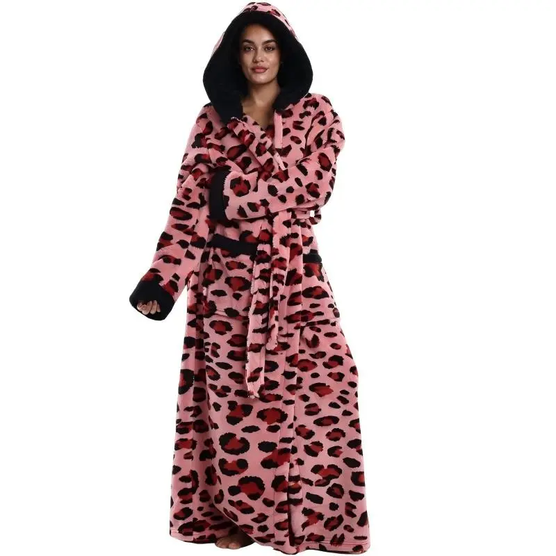 Women’s & Men’s Leopard Print Hooded Robe, Long Flannel Nightgown with Belt, Unisex Hooded Loungewear, Soft Warm Sleepwear for Home, Relaxing, Lounging, Travel and Chilly Weather