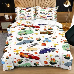 Cartoon Playful Style Duvet Cover Set, White Background Colorful Cartoon Racing Car Full Print Decorative Bedding Set, Bedding For Children, Includes 1/2 Pillowcases - without Core, Soft and Comfortable, Ideal for Kids' Bedding Decor