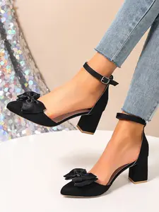 Women's New Chunky Heel High Heels, Elegant Hollow Design Non-Slip Shoes, Cute Bow Rhinestone Dance Shoes for All Seasons