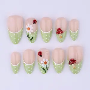Spring Press On Nails with Daisy & Mushroom | Green Polka Dot French Tip Fake Nails in Medium Almond | Cute Handmade Nail Art