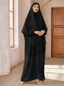Women's Solid Color Long Sleeve Arabian Dress with Hijab, Modest Casual Two-piece Outfit for Daily Wear, Dresses for Women, Ladies Muslim Islamic Clothing for All Seasons
