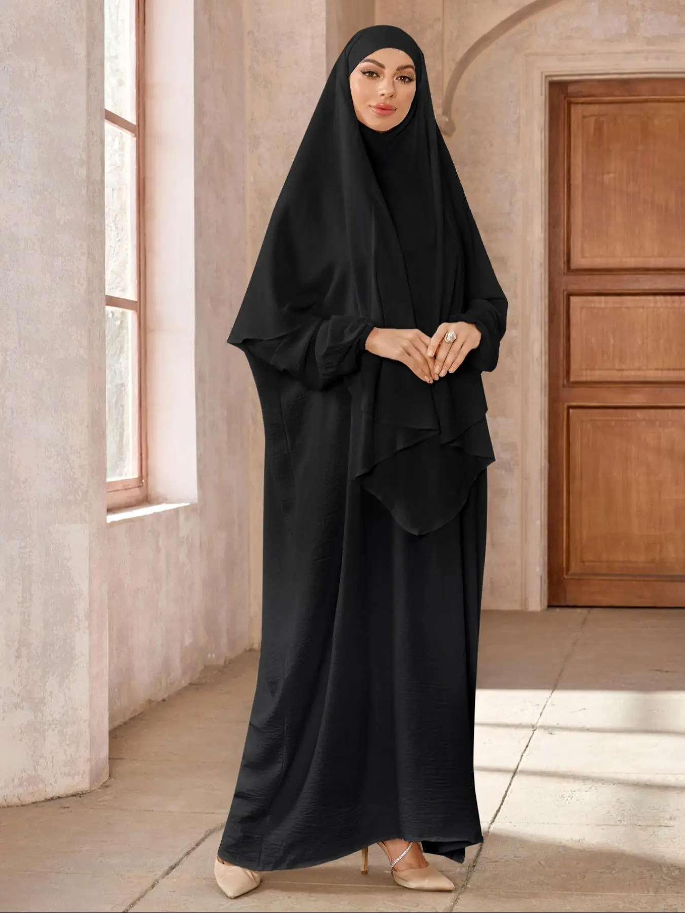 Women's Solid Color Long Sleeve Arabian Dress with Hijab, Modest Casual Two-piece Outfit for Daily Wear, Dresses for Women, Ladies Muslim Islamic Clot