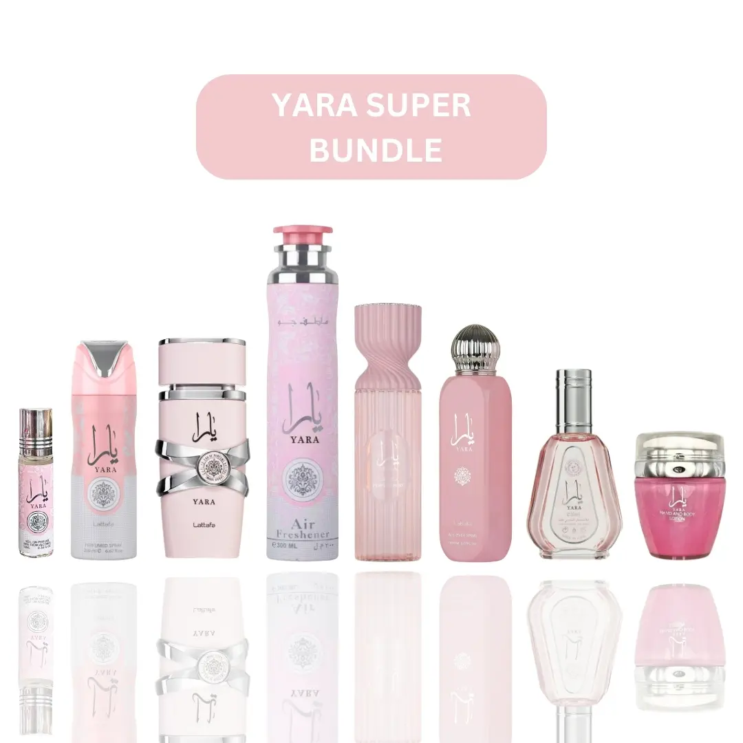 Yara Super Bundle --- Yara Perfume (3.4oz)+Yara Deodorant (6.8oz)+Yara Hand & Body Lotion (1.53oz)+Yara Air Freshener (10.1oz)+Yara Oil (10ml)+Yara Spray Perfume (1.7oz)+Yara All Over spray (150ml)+Yara Perfumed Spray(250ml) --- 8-piece gift Bundle, Vanil