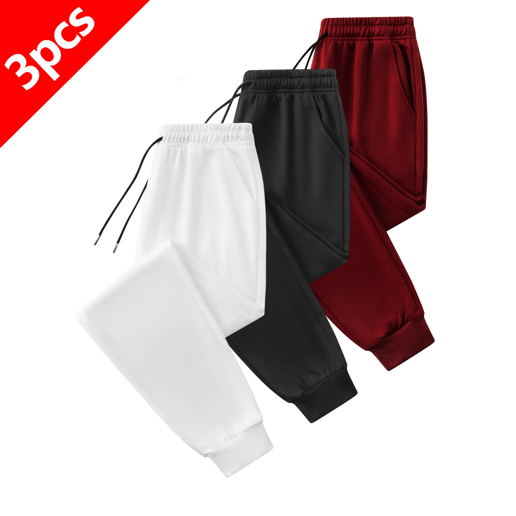 Men's 3-Pack Knitted Track Pants - Solid Color, Drawstring Waist, Cuffed Ankles Joggers for Gym, Daily Wear