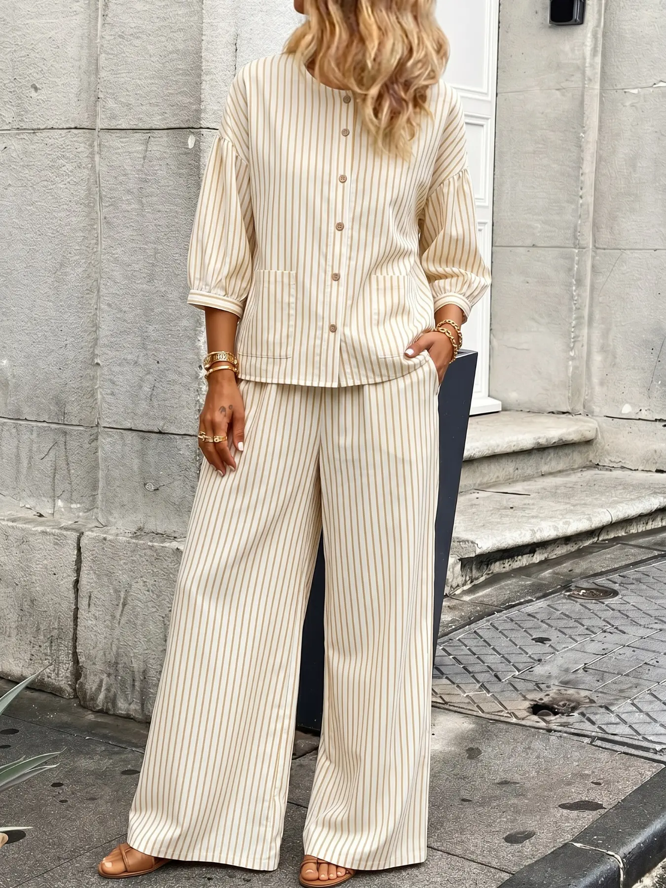 Women's Commuter Casual Outfit Set Oversized Seven-Quarter Sleeve Lantern Sleeve Button Pocket Striped Elastic Waist Baggy Wide Leg Pants Loose Shirt Long Pants Two-Piece Set Womenswear Suits