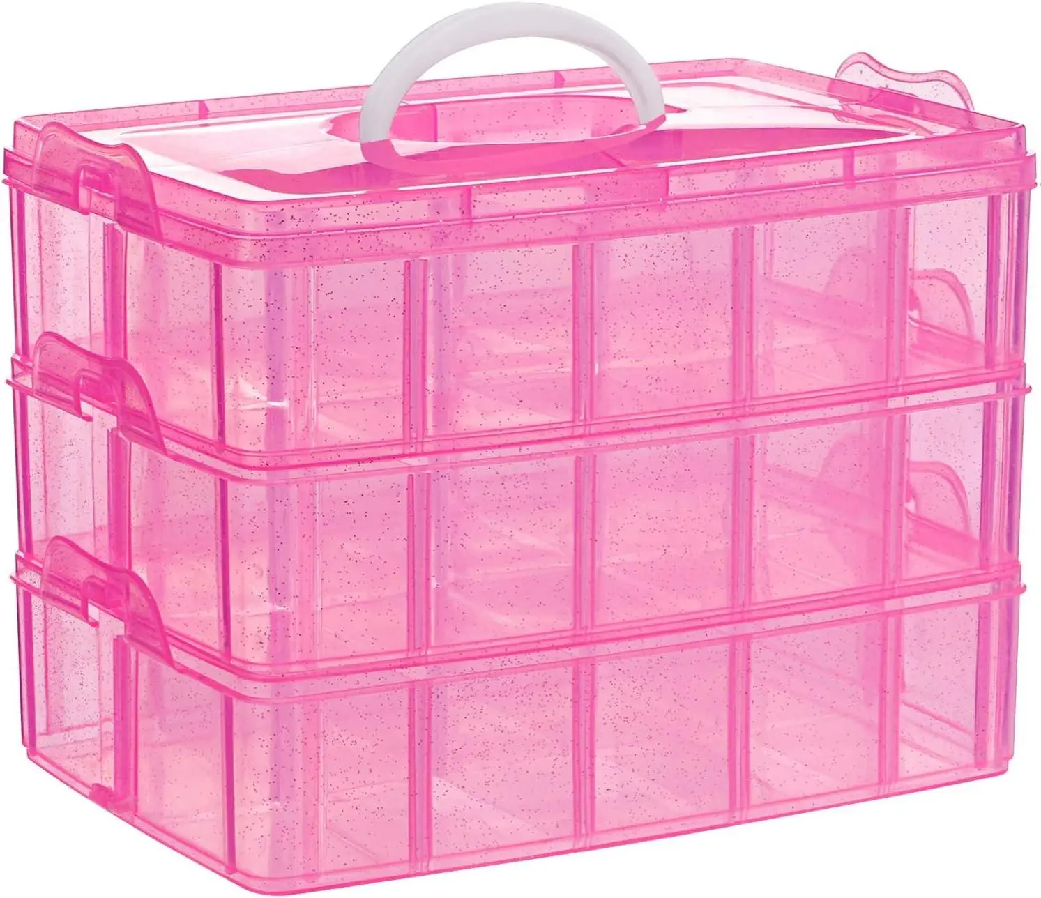 3-Tier Stackable Arts and Crafts Storage Box - Pink, Multifunctional, Durable Lightweight Plastic Organizer with Detachable Dividers, Adjustable Lid, for Crafters (9.5x6.5x7.2in) | Cosmetic Storage Box with Lid