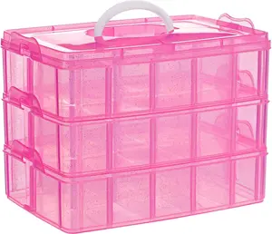 3-Tier Pink Stackable Craft Storage Box with Dividers, Adjustable Lightweight Plastic Organizer for Art Supplies, Beads (9.5x6.5x7.2in)