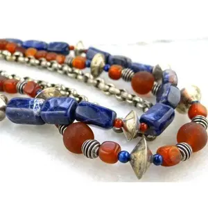 Sodalite and Glass Beaded Antique Silver Necklace