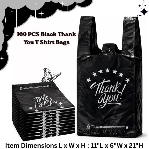 100 PCS Black Thank You T Shirt Bags, 11x6x21 Inch Grocery Shopping Bags,convenient handle, Reusable Disposable Plastic Supermarket Bags, Carry Out Retail Takeout Bags
