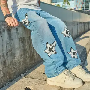New Streetwear Men Stylish embroidery Loose Jeans High Quality Men Solid Casual Straight Denim Pants Baggy Jeans Men Fathersdaygift Oversize Relaxed Fit Classic