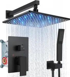Shower Faucet Set with Handheld Spray High Pressure Shower System Shower Faucets Sets Complete Rough-in Valve and Shower Trim Kit Wall Mount Rainfall 12 Inch LED Shower Head Matte Blac