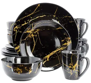 Fine Marble 16 Piece Porcelain Dinnerware Set in Black with Gold Veins