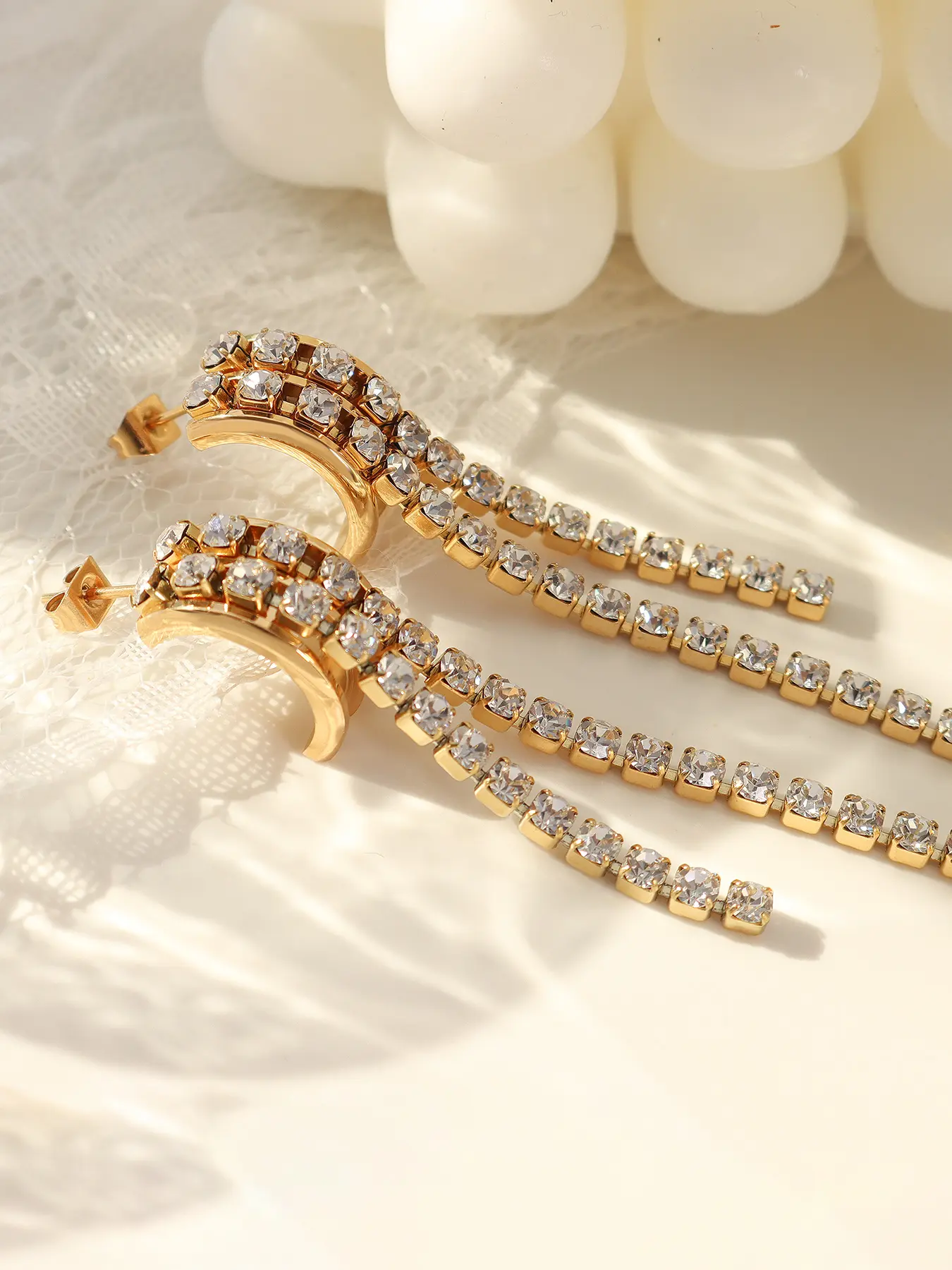French Style Cold-Weather Vintage Luxe C-Shaped Zircon Tassel Earrings, Titanium Steel Plated 18k Gold Trendy Ear Jewelry