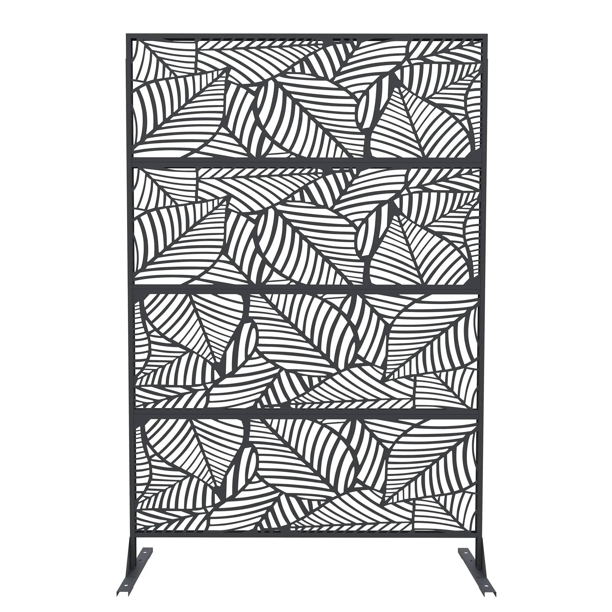 71×46 In Freestanding Iron Metal Panel Room Dividers with Stand Base, Black Leaf Pattern Functional Decor for Balcony, Patio Outdoor Decor