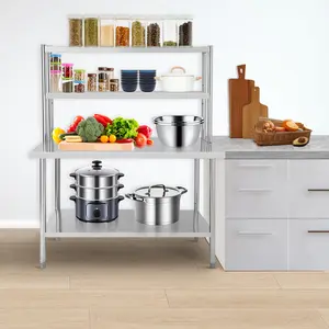 Heavy Duty Stainless Steel Food Prep Table, Top Rail Hooks, Seamless Countertop, Adjustable Shelves for Restaurant Kitchen Home Commercial Use