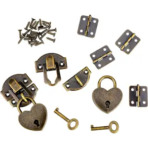 2 Set Antique Bronze Hasp Latch 27 X 30mm, Mini Box Hinges Love Locks with Keys, Decorative Lock Buckle with Screws for Jewelry Wooden Box DIY Crafts
