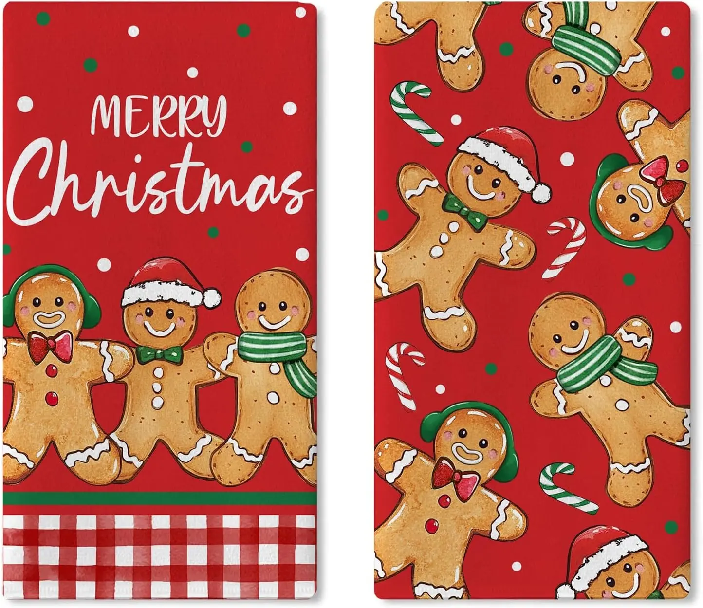 Synthetic Christmas Kitchen & Hand Towels Set of 2 (18x26 in) - Soft Gingerbread Man, Red Candy Cane Buffalo Plaid, Festive Look Winter Holiday Home/Bathroom Decor, Perfect Gift Cleaning Cloths
