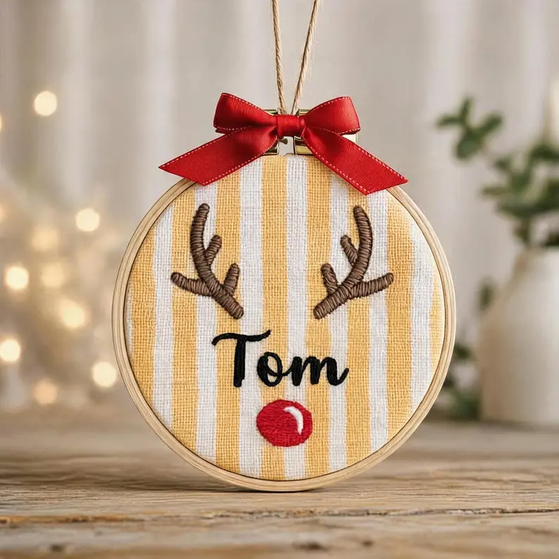 Personalized Reindeer Name Embroidery Hoop, Custom Christmas Ornament, Handmade Baby Keepsake, Nursery Holiday Decor