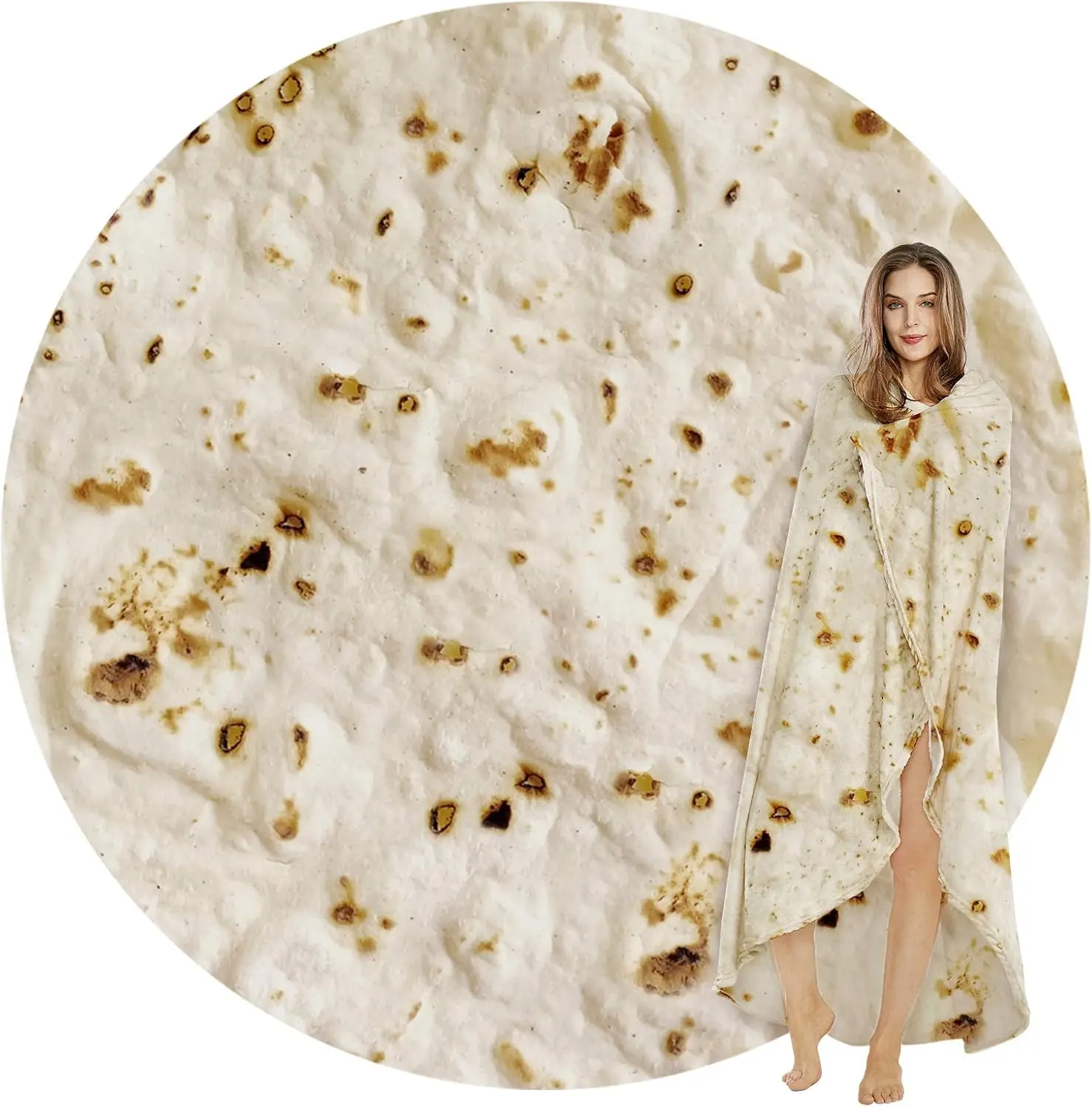 New Deal - Burritos Tortilla Blanket, Realistic Food Wrap Blanket Double Sided, Novelty Funny Tortilla Round Soft Blankets (Beige, 47 inches)