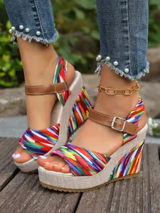 Summer Rainbow Wedge Sandals for Women | Bold Striped Platform Heels for a Pop of Color