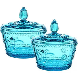Set of 2 European Retro Nostalgic 3D Relief Blue Glass Jar Candy Jar Seasoning Jar with Lid