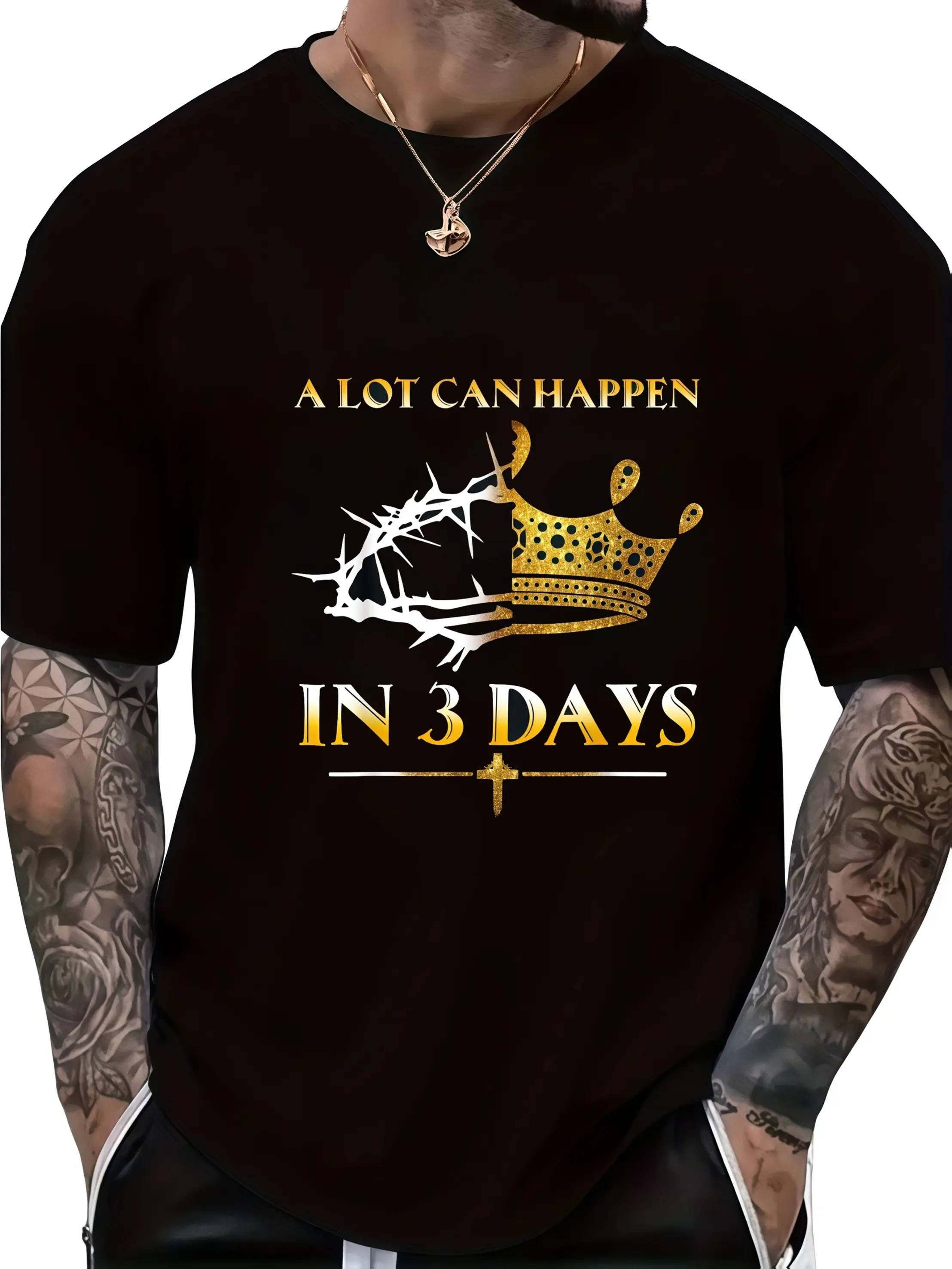 Unisex Easter T-shirt  cotton "A lot can happen in three days" Crown and cross crew neck, regular shape Multi-size S-XXXL Machine washable Ideal for leisure and outdoor activities Four seasons Ideal Gift for Men, PLUS SIZE
