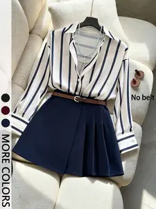 2 Piece Spring Summer Outfit Set Women | Striped Button Down Shirt + High Waist Pleated Mini Skirt (No Belt Included) |  Quiet Luxury Casual Style for Daily Office School Wear