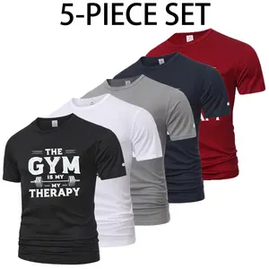 5PCS Men’s Quick-Dry Moisture-Wicking Sports Shirts – Crew-neck T-shirts made from waterproof polyester fabric with printed designs; non-see-through athletic and casual tops, multicolor set suitable for fitness, training, and casual wear—durable and comfo