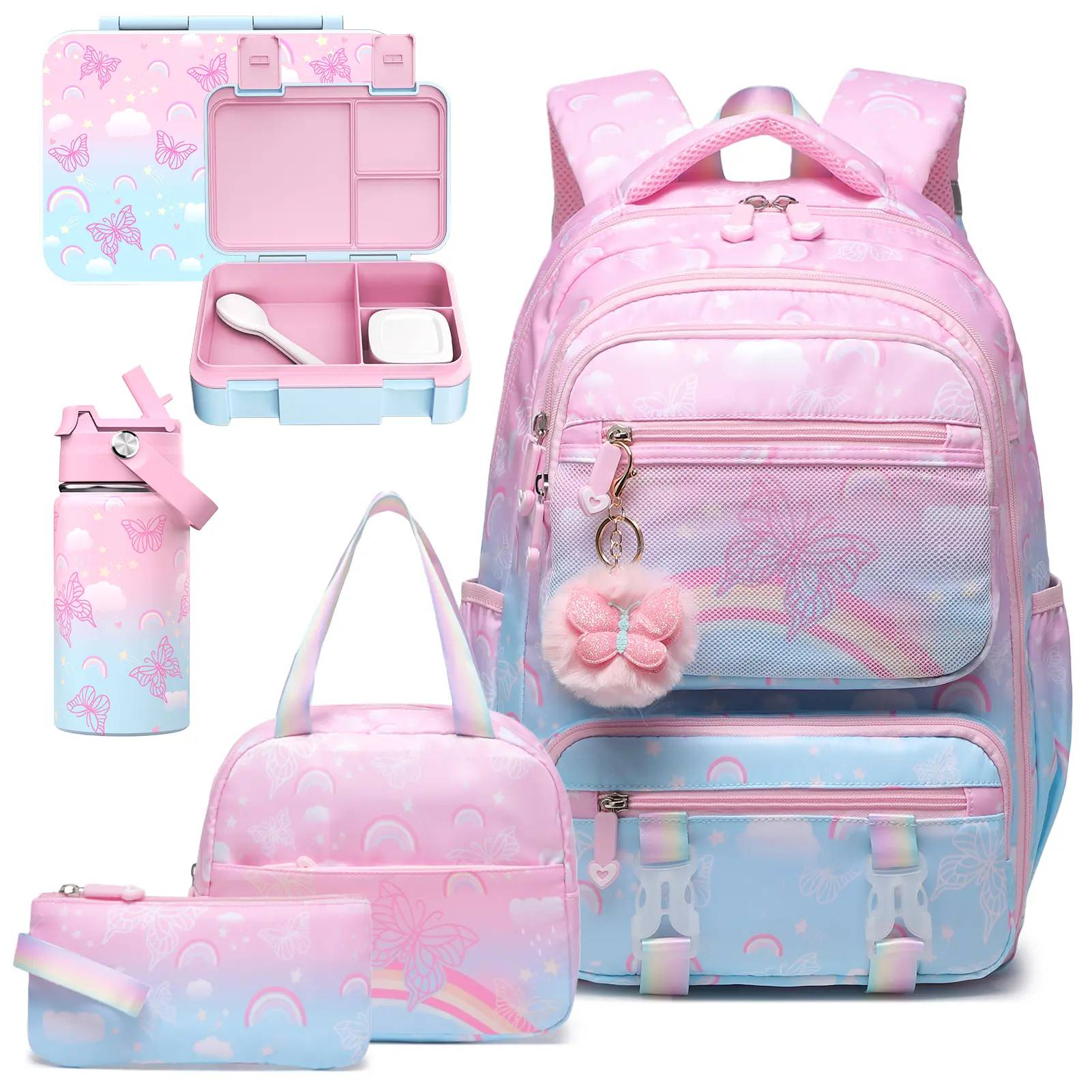 SIMILOVE Girls' 5PCS Kids Backpack Set - 17.7*12.2*7.1in Cute Backpacks for School, 14oz Insulated Water Bottle, Bento Lunch Box, Lunch Bag, Pencil Pouch, 3 Front Pockets, Reflective Strips, Breathable Mesh, Plain Color Bag (Back to School Party Gifts)