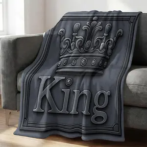 "King" Crown Print Flannel Blanket, Ultra Soft & Cozy Throw Blanket for Couch Bed & Living Room, Warm Blanket for All Seasons, Viral Gift Blanket Perfect for Him, Boyfriend, Husband on Birthday & Anniversary, Soft Fluffy Blanket