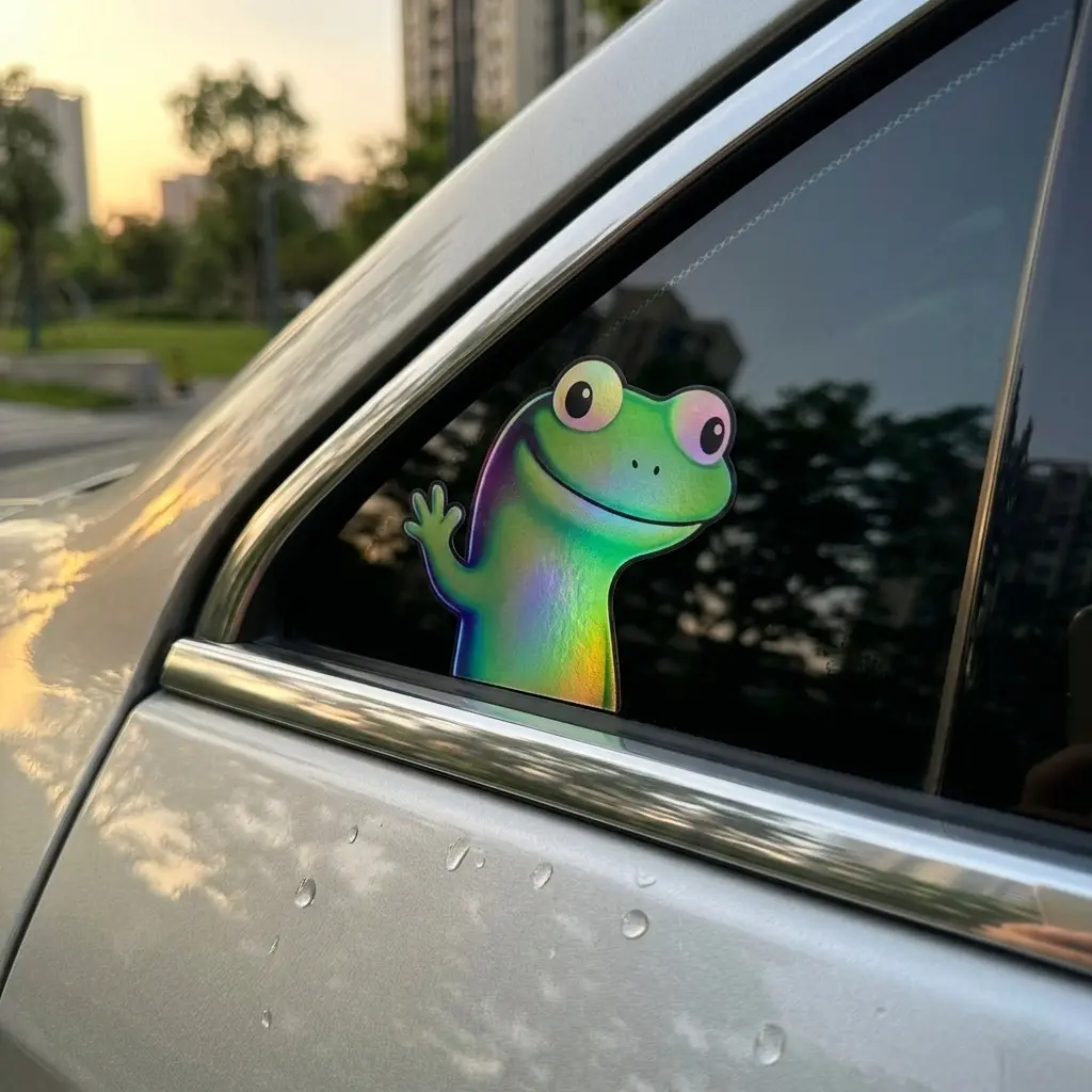 Magic Color-Shifting Waving Gecko Decal - Iridescent Holographic Car Sticker - Weatherproof Vinyl for Windows & Laptops