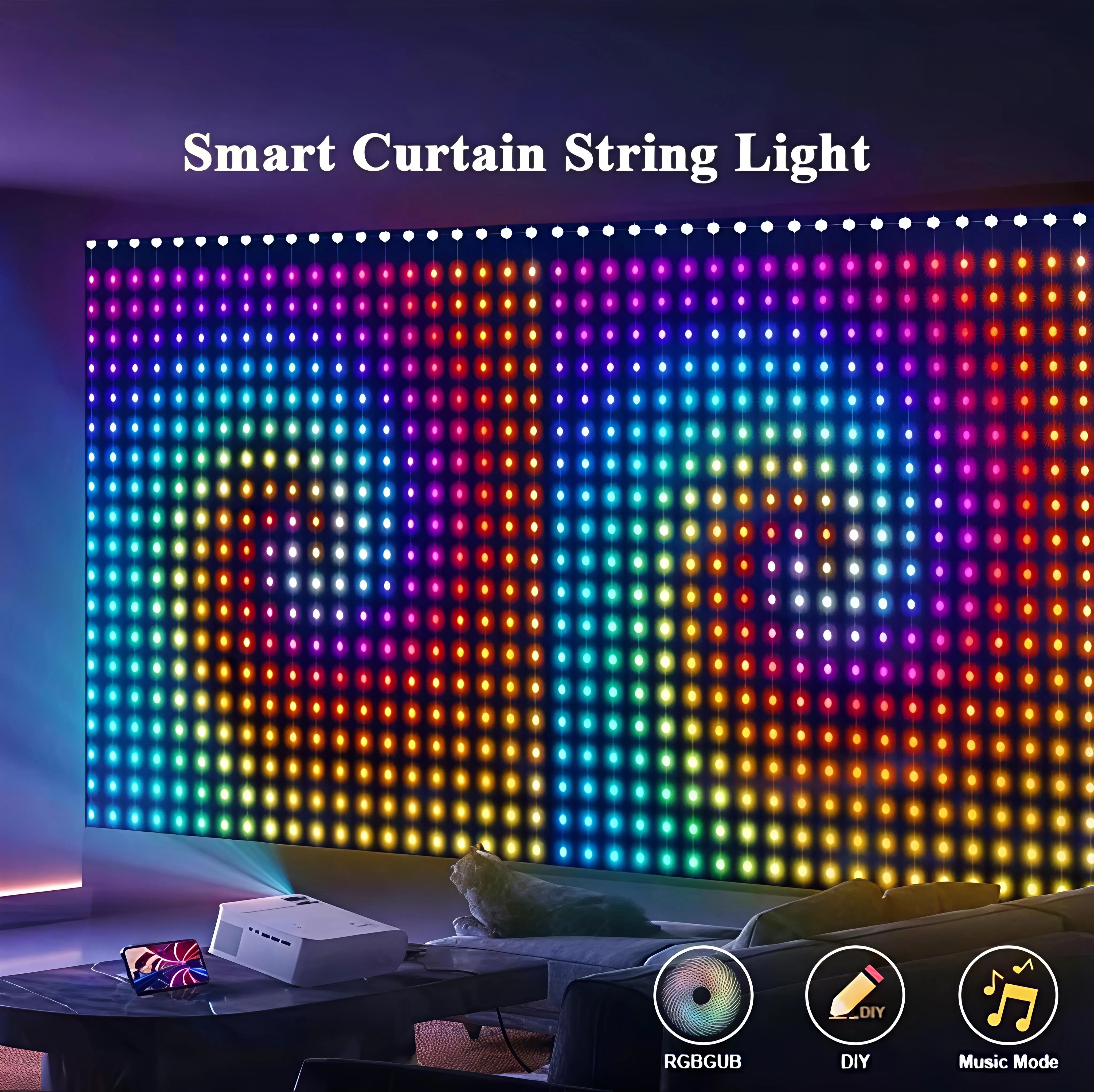 RGB App-Controlled LED Curtain Twinkle Lights, Intelligent DIY Text & Pattern, Dimmable Rainbow Ambient Lights for Home Holiday Decor, Valentine's Day Fairy Aesthetic Setup