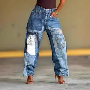 Jeans Women Wide Leg Pants Patch Distressed Patchwork Washed Mid Waist Pockets Female Vintage Streetwear Trousers Denims