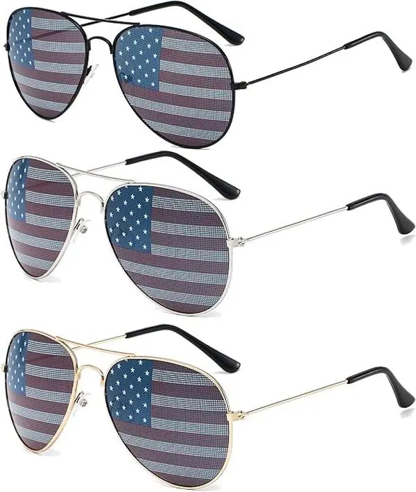 Lacholin USA Flag Full Rim Alloy Aviator Sunglasses 3-PCS Set, Unisex Patriotic UV-Protected Eyewear, 3-Lens Classic Aviation-Themed Alloy Men's Daily Wear National Pride Fashion Accessories, 3-Lens Men's Sunglasses, Alloy Men's Sunglasses