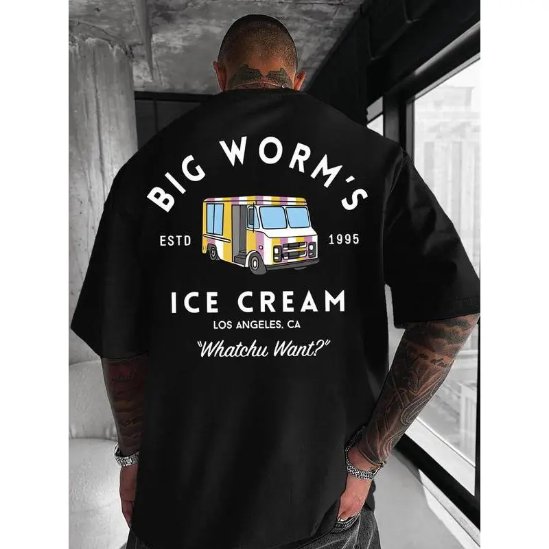 Unisex Retro Graphic Print Cotton Round Neck T-Shirt - Big Worm's Ice Cream Design, Soft Breathable Multi-Size Casual LA Streetwear Sports Top, Tshirt