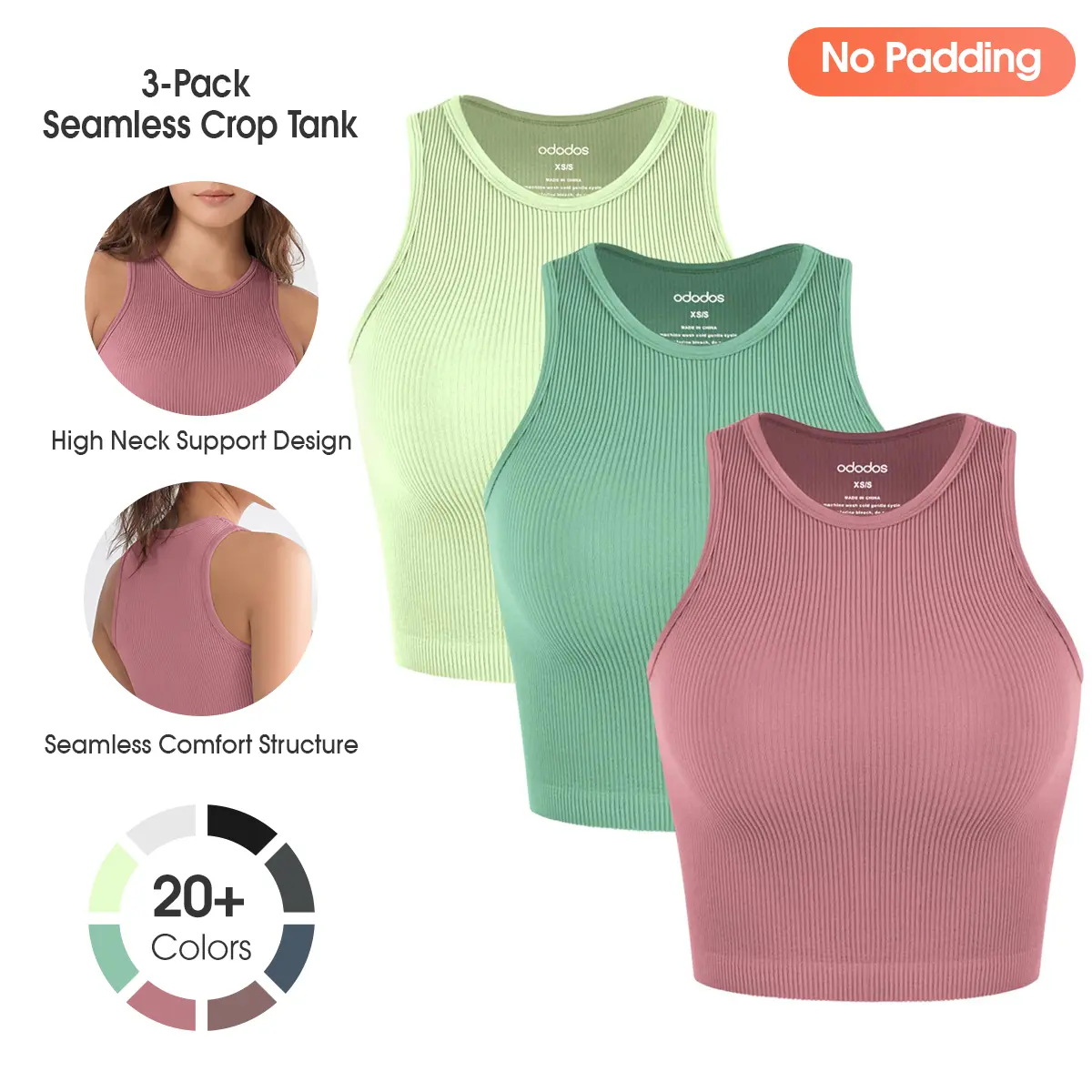 ODODOS 3-Pack Seamless Long Crop Tank (No Padding) for Women Ribbed Soft High Neck Cropped Tops,Long Cropped Length,Slim-fit