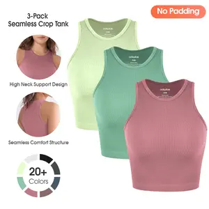 ODODOS 3-Pack Seamless Long Crop Tank (No Padding) for Women Ribbed Soft High Neck Cropped Tops,Long Cropped Length,Slim-fit