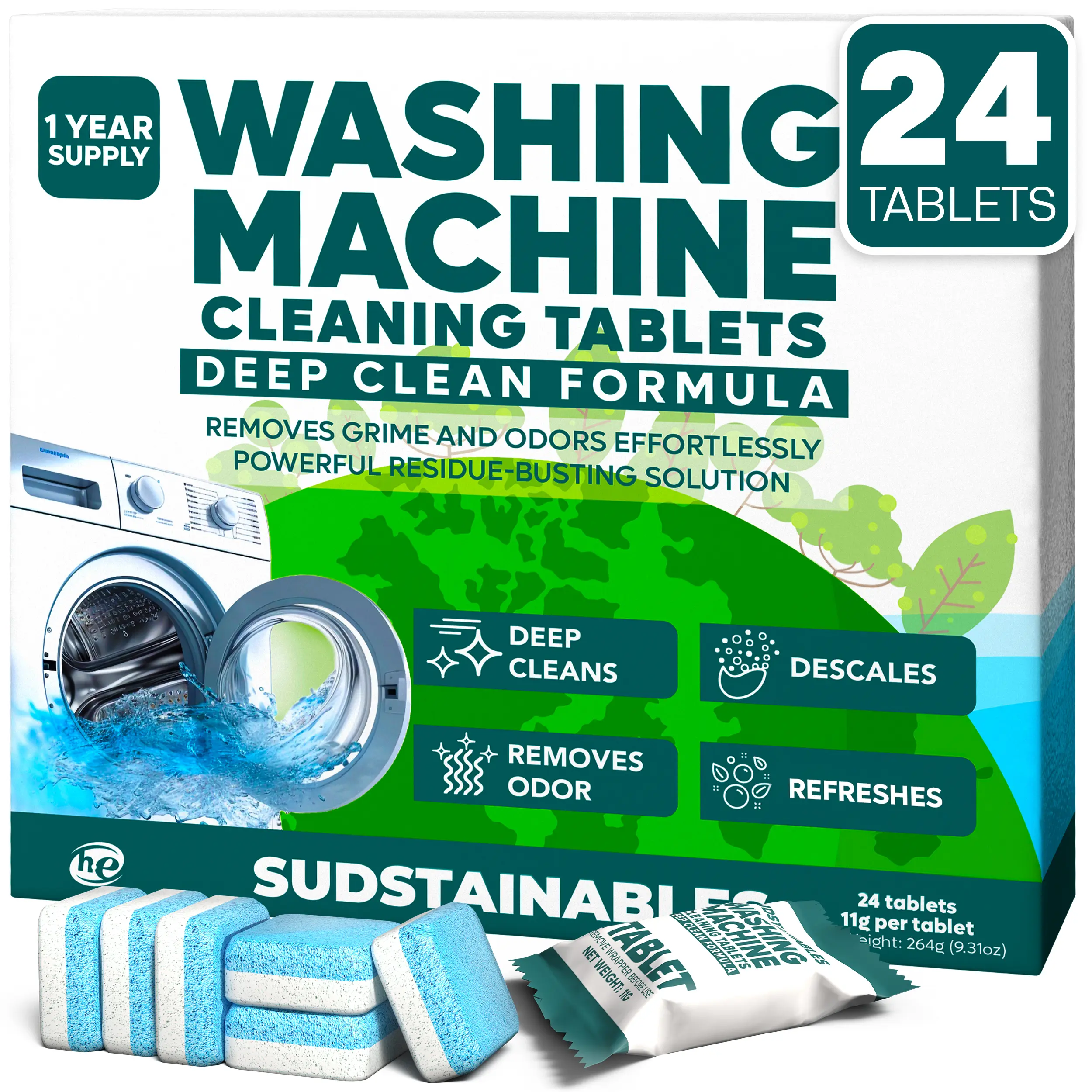 Washing Machine Cleaning Tablets (24 Pack) - Washer Machine Cleaner Tablets for Top Loader, Top Load Washing Machine Cleaner Front Loader