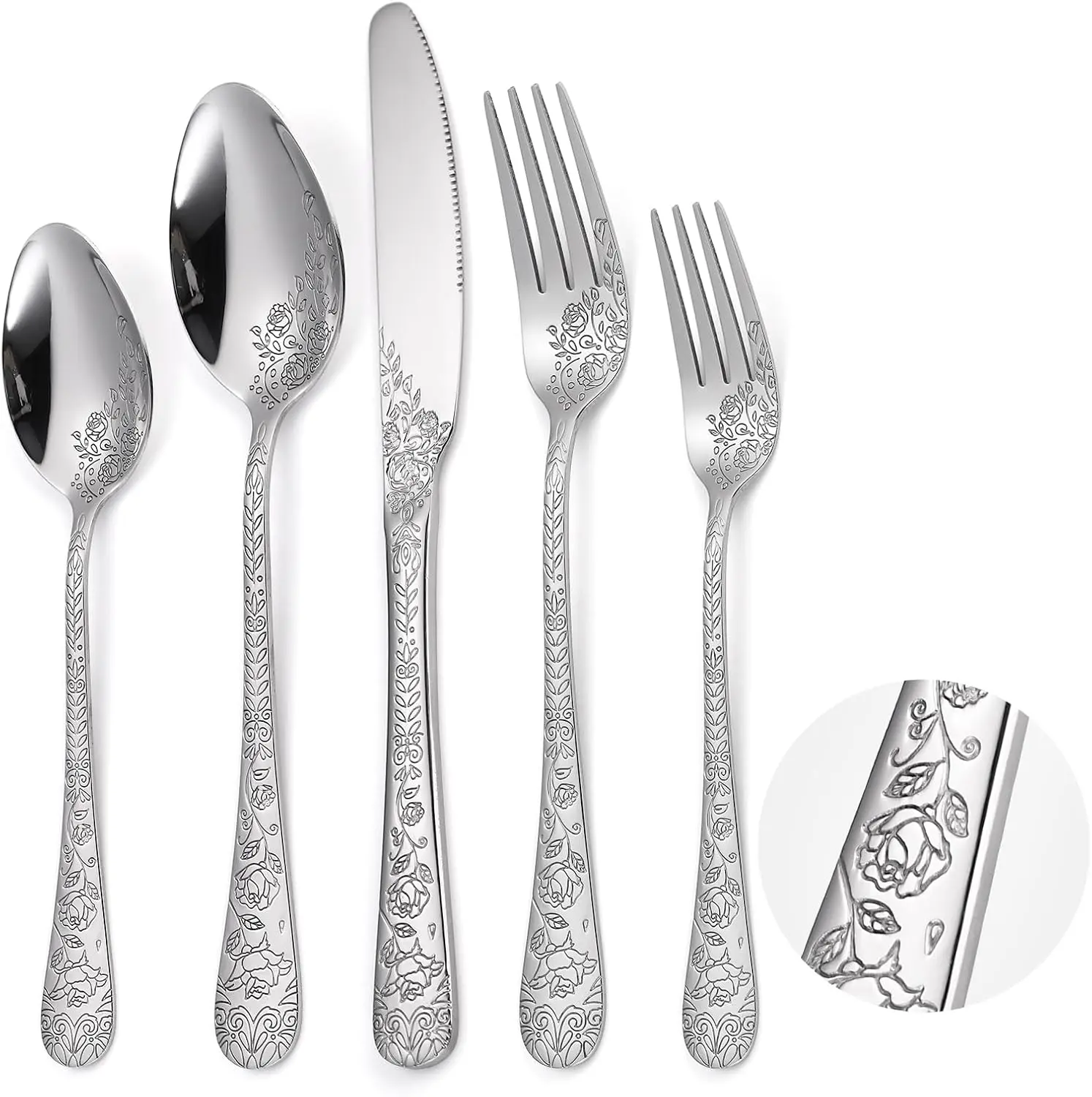 20 Pieces Silverware Set,Vintage Carved Stainless Steel  Flatware Set,  Modern Embossed Cutlery Set Utensils Including Fork Spoon and Knife dinnerware tableware