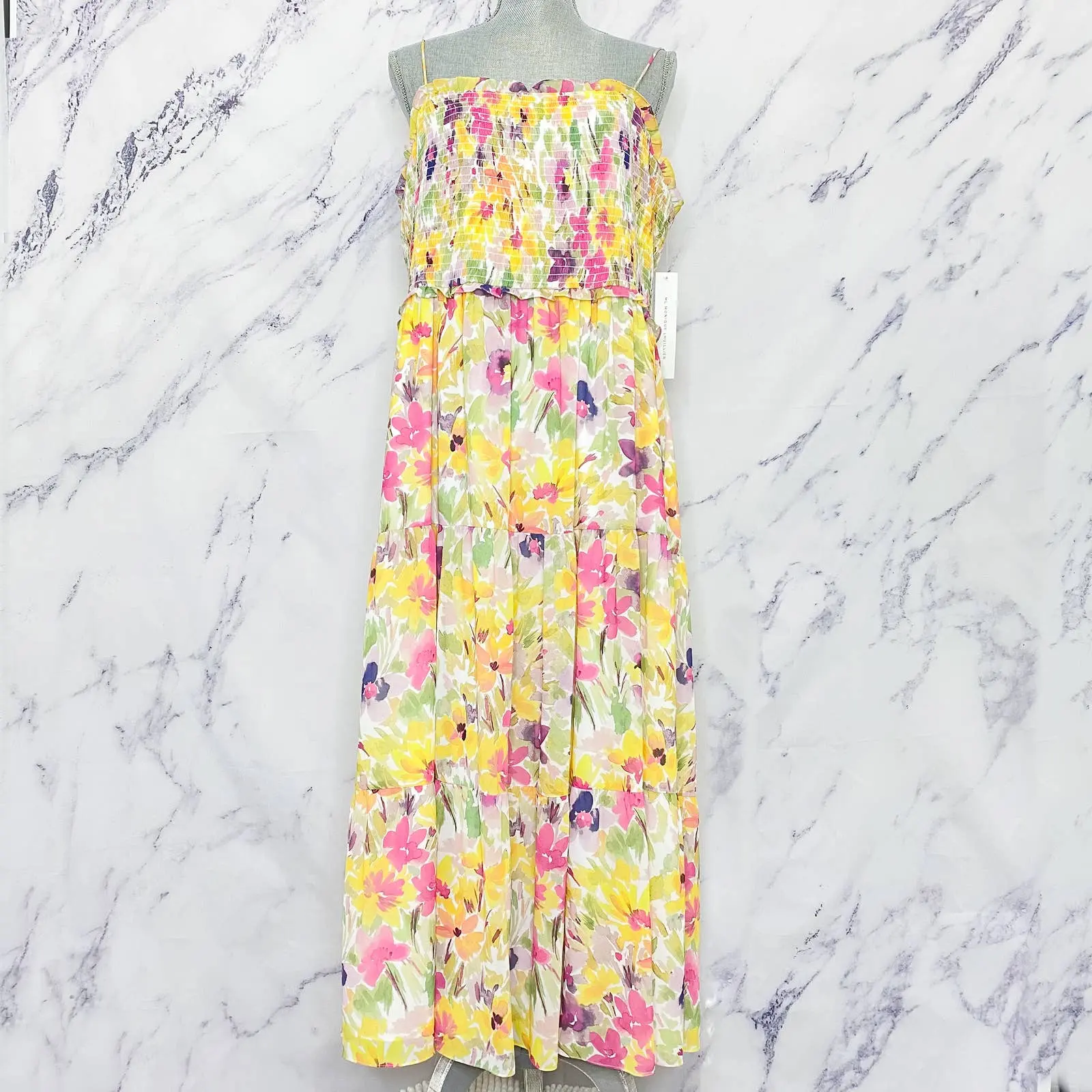 ML Monique Lhuillier | Blooming Field Smocked Midi Dress | Sz 16