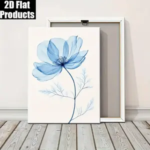 2D Flat, Delicate Blue Floral Canvas Wall Art with Wood Frame - Soft Blue & White Minimalist Painting, Wrapped Canvas Framed Poster for Living Room, Bedroom, Office Decor - Ready-to-Hang Elegant Home Decoration	